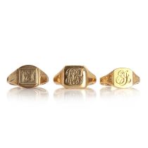 Three 9ct gold monogrammed signet rings,