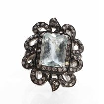 A silver aquamarine and rose cut diamond cluster ring,