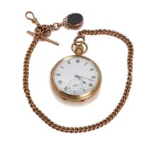 A 9ct gold pocket watch and Albert chain with fob,