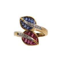 A ruby, sapphire and diamond crossover ring,