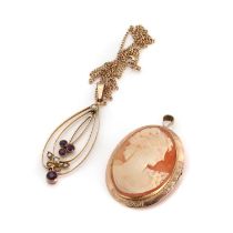 An amethyst and seed pearl pendant and a cameo brooch/pendant,