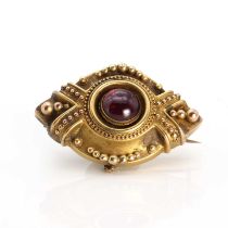 A Victorian garnet set shield form brooch of navette shape c.1890,