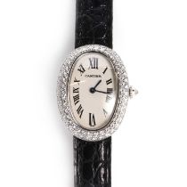 A ladies' 18ct white gold diamond set Cartier 'Baignoire' quartz strap watch, c.2003,