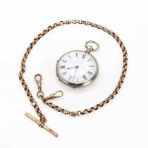 A gold Albert chain and a silver key wind open faced pocket watch,