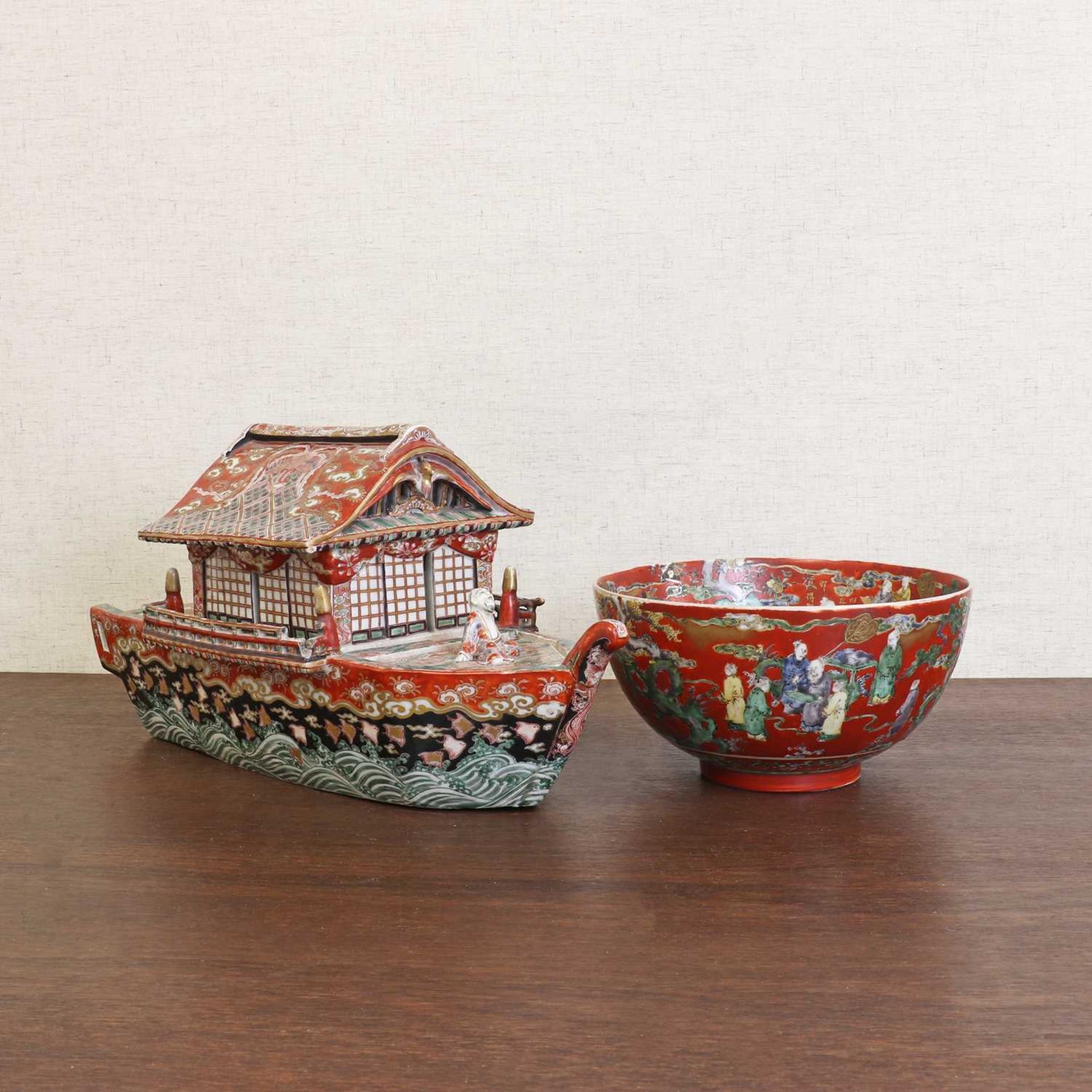 A Japanese Kutani ware junk boat,