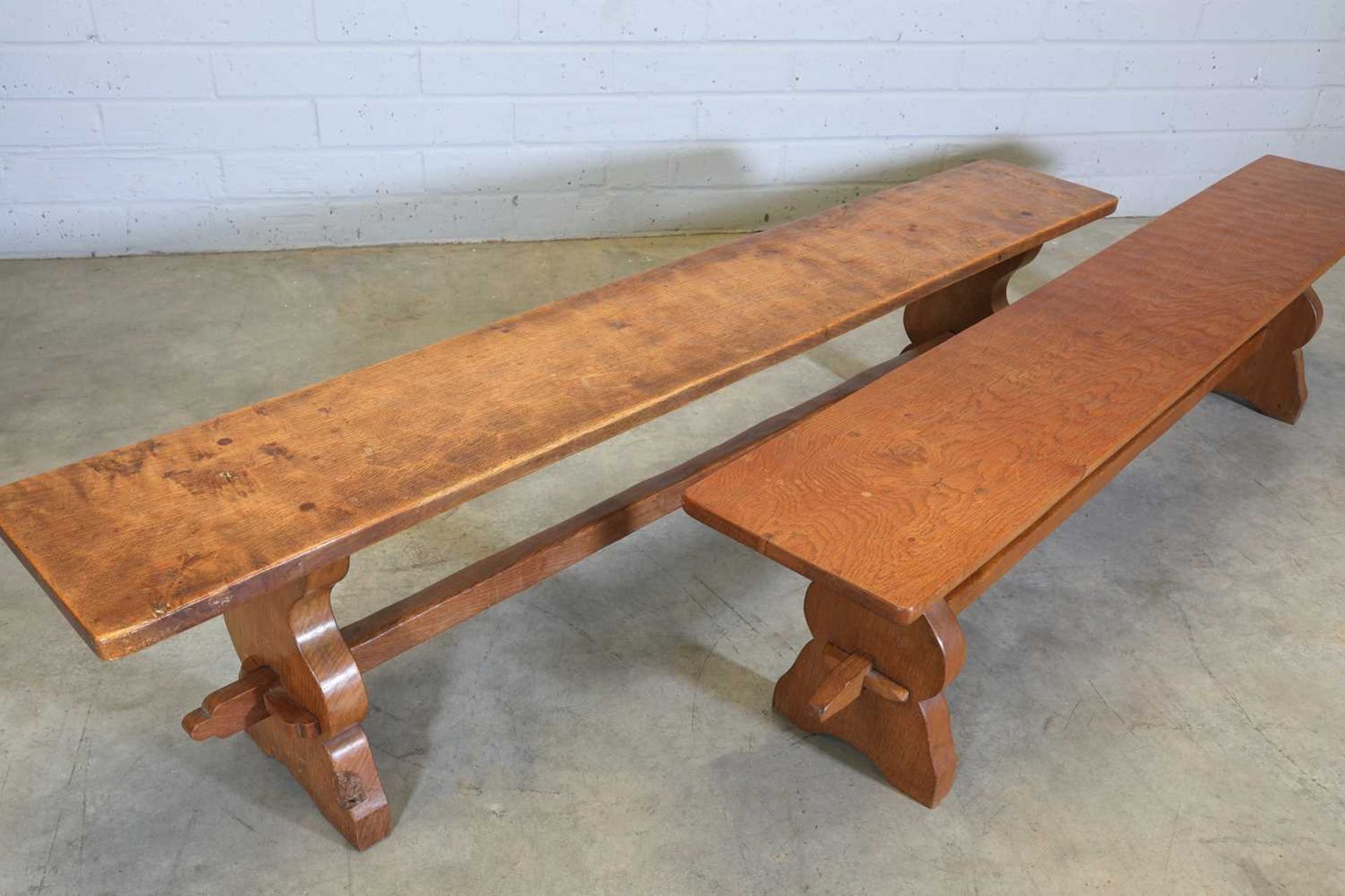 A pair of Thomas 'Gnomeman' Whittaker oak benches, - Image 2 of 3