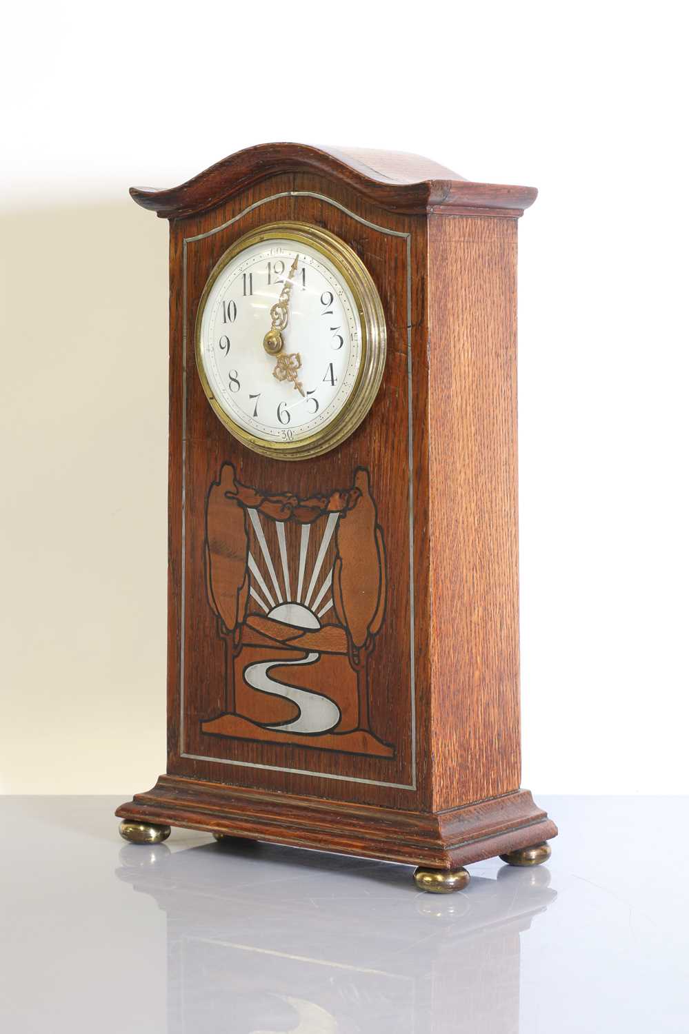 An oak-inlaid and pewter-mounted mantel clock, - Image 2 of 4