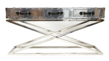 An Eichholtz polished aluminium and chrome three drawer 'Barclay' side table