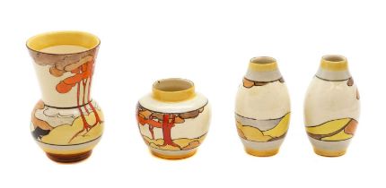 A set of four Clarice Cliff miniature vases,