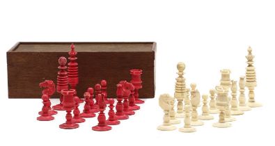 A carved bone chess set