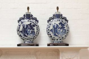 A pair of Chinese blue and white moon flask table lamps,