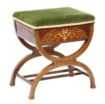 An Edwardian mahogany, boxwood and ivory inlaid stool