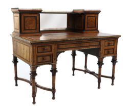 A Victorian amboyna, purpleheart, walnut and ebonised writing desk
