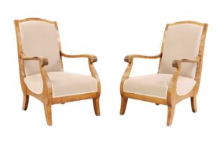 A pair of satin birch Biedermeier armchairs,