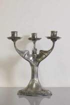 A Kayserzinn three-branch 'Bat' pewter candelabra,