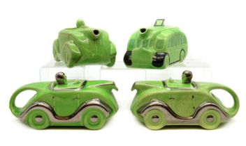 A collection of three Sadler art deco racing car teapots