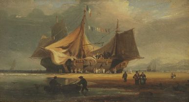 Carl Joseph Kuwasseg (Austrian, 1802-1877) A beached vessel, with numerous figures signed 'C