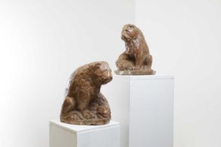 A pair of Rosso Verona marble lions in the Renaissance manner,
