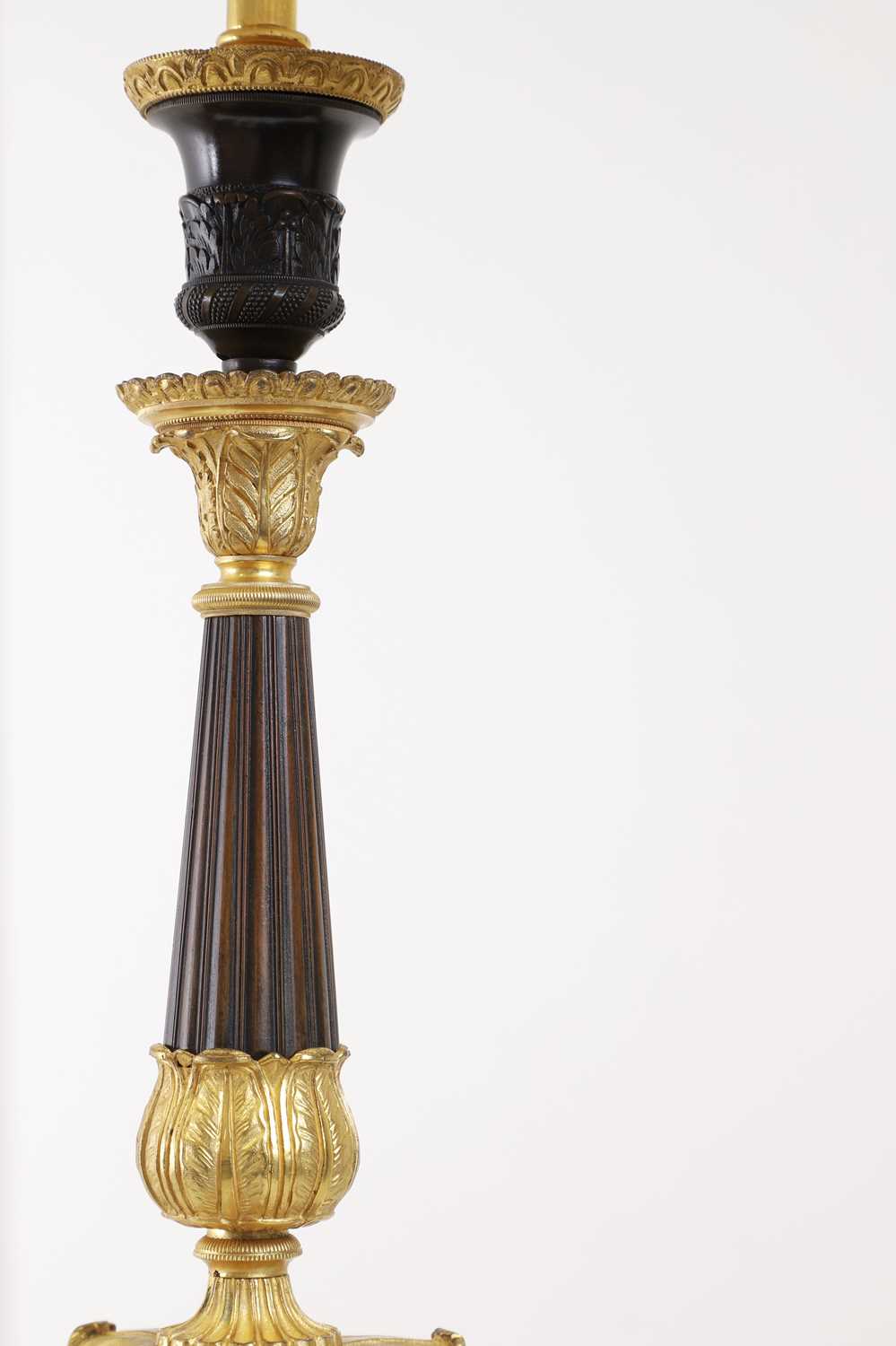 A pair of Empire-style gilt and patinated bronze candlestick lamps, - Image 3 of 5