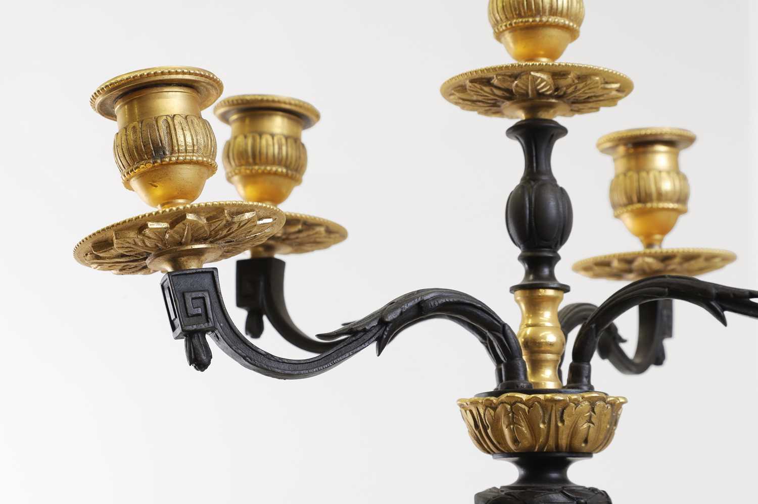 A pair of neoclassical-style patinated bronze and ormolu-mounted candelabra, - Image 6 of 8