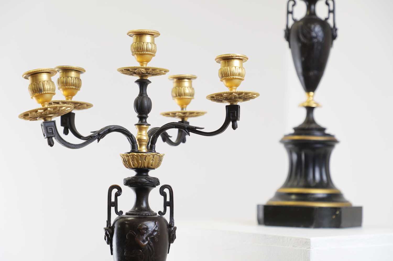 A pair of neoclassical-style patinated bronze and ormolu-mounted candelabra, - Image 8 of 8