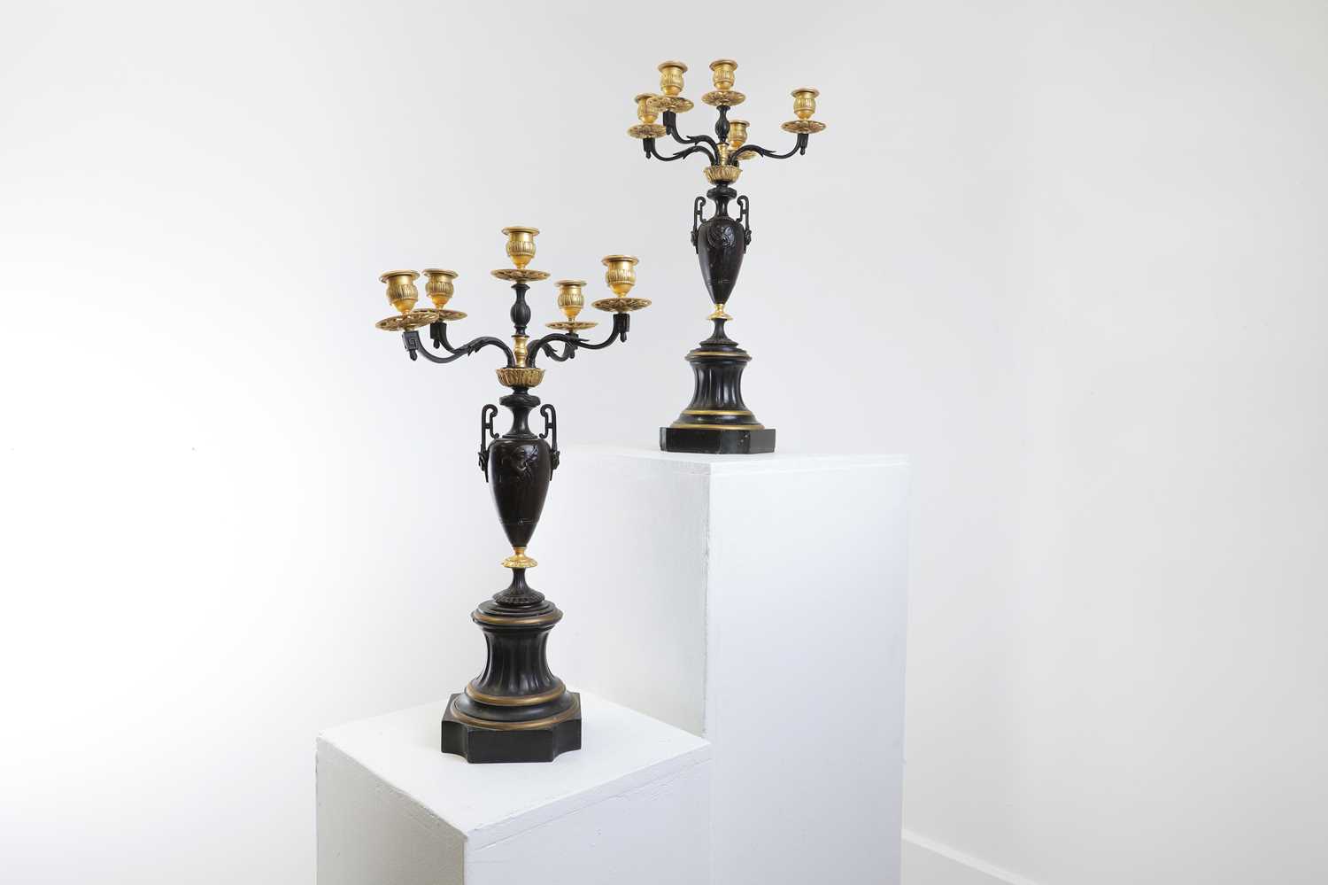 A pair of neoclassical-style patinated bronze and ormolu-mounted candelabra, - Image 7 of 8