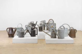 A quantity of metal watering cans,