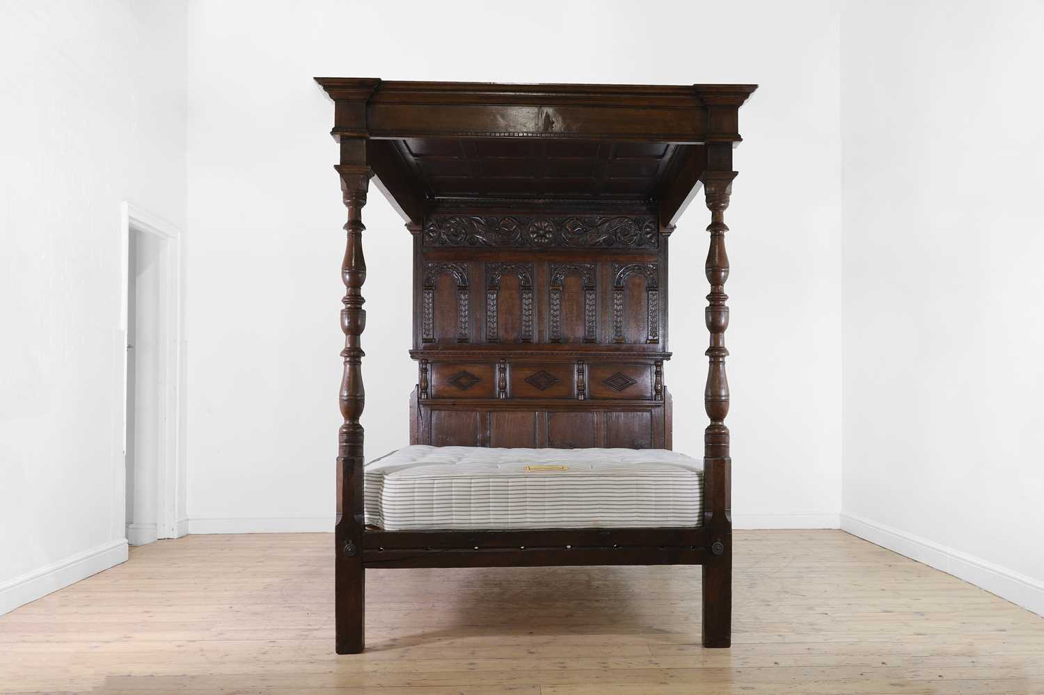 A carved oak three-quarter tester bed, - Image 3 of 11