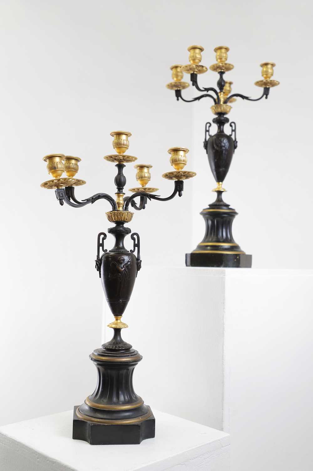 A pair of neoclassical-style patinated bronze and ormolu-mounted candelabra, - Image 2 of 8
