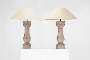 A pair of painted pine baluster table lamps,