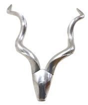 A modern metal wall-mounted deer head,