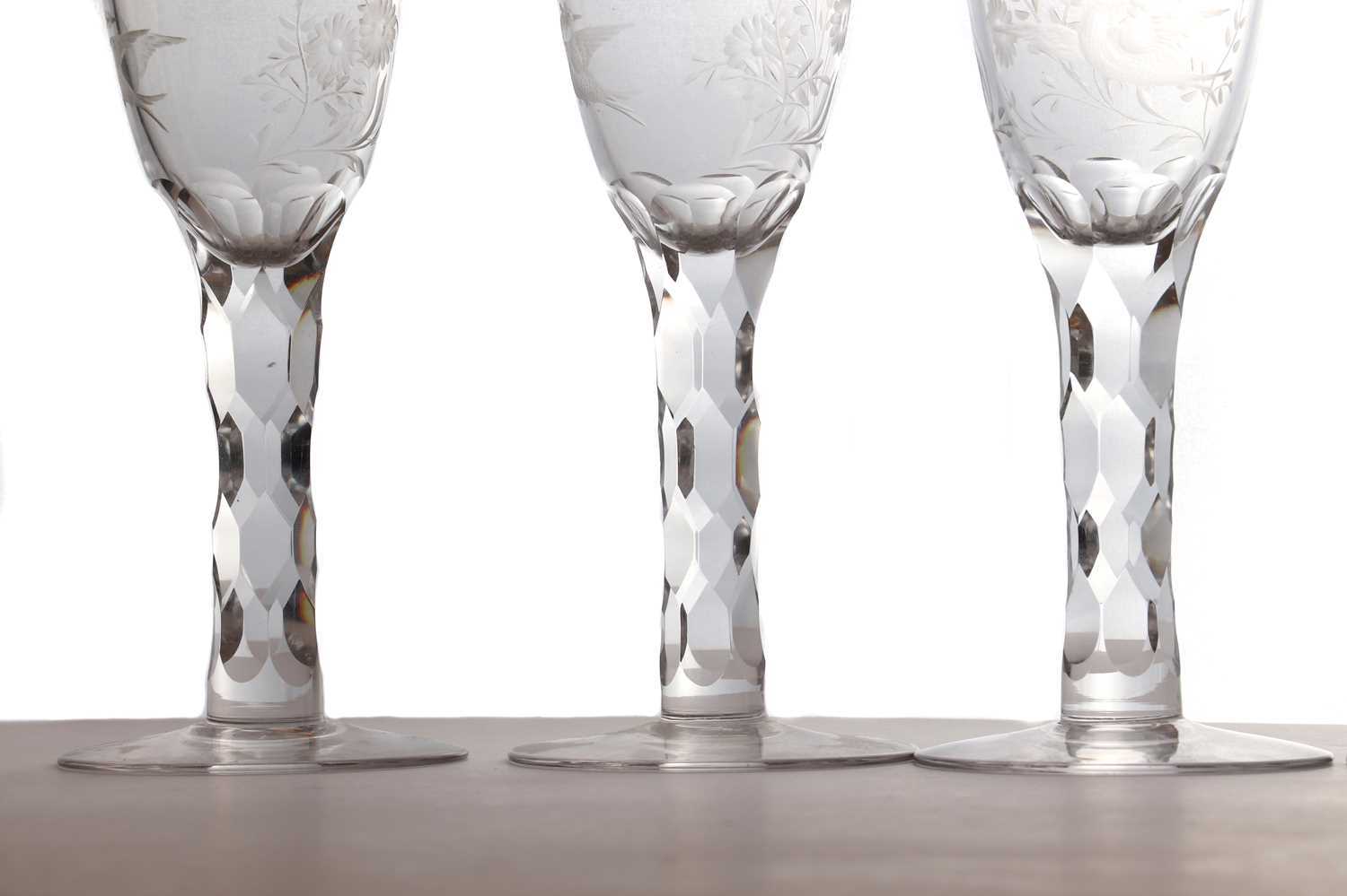 A set of three 18th century style facet cut wine glasses, - Image 3 of 4