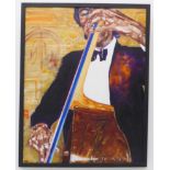 An oil on canvas study of a double bass player, signed Joe, ebonised box frame. (canvas size 90 x 70