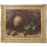 A large oil on canvas still life in impasto style: terracotta jug, vase and bowl of pears, signed