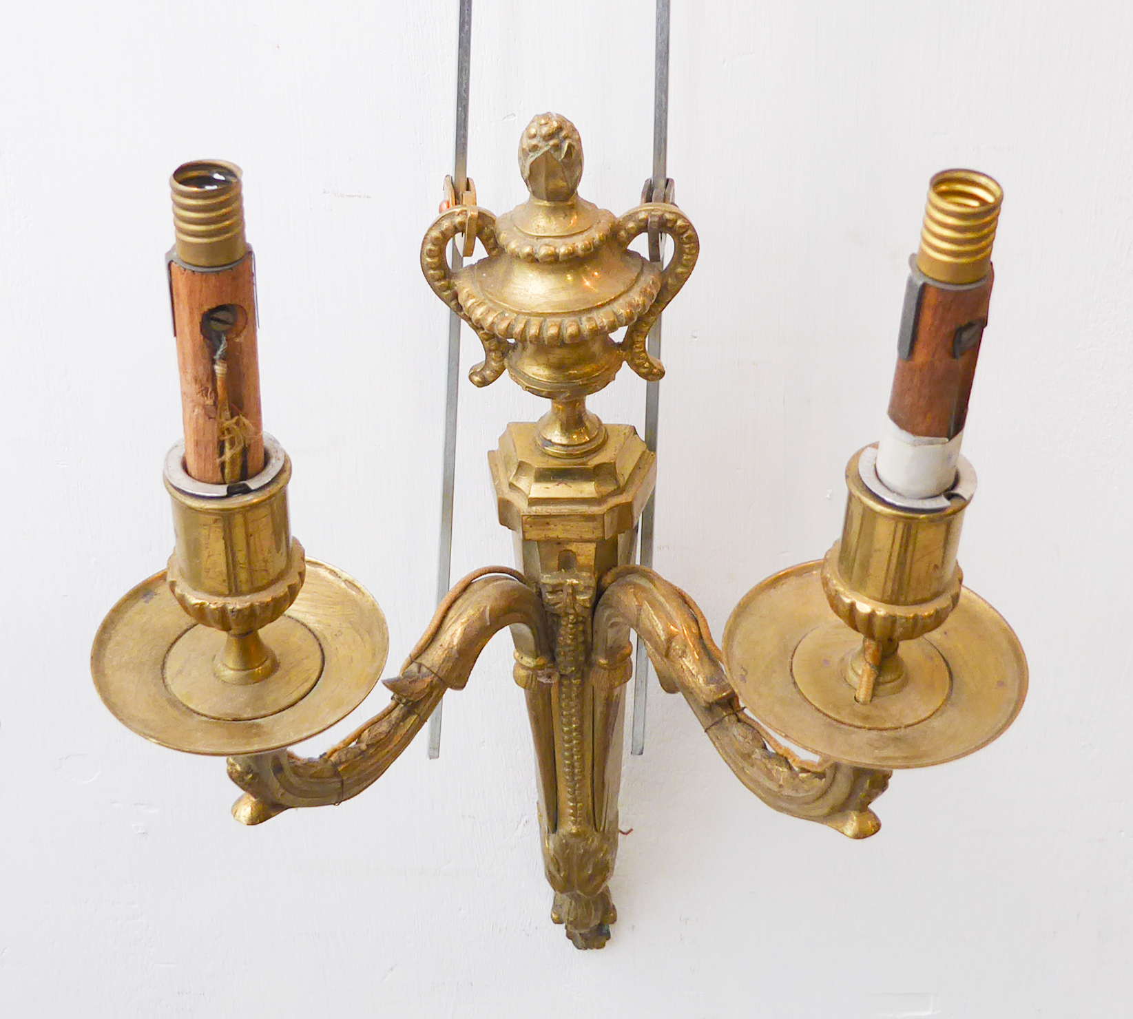 Two pairs of 20th century brass wall lights after the antiques: a pair in Adam style with tapered - Image 3 of 3