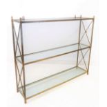 Brass shelves in Regency style with glass tops (92cm wide x 22cm deep x 77cm high)