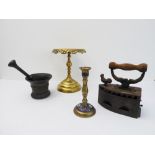 Antique metalware comprising: a 17th / 18th century bronze pestle and mortar; a 19th century brass