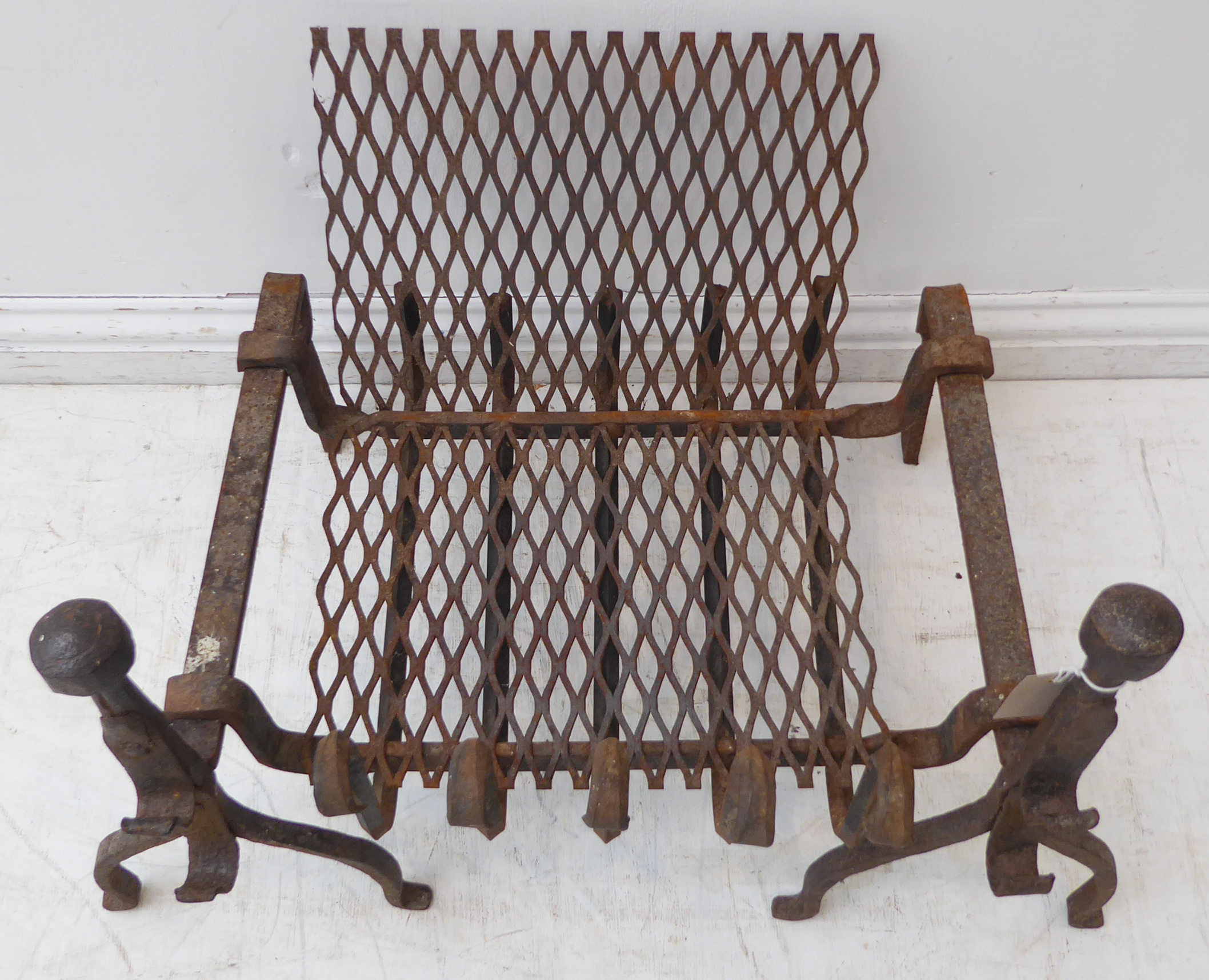A 20th century blacksmith-made iron dog-grate and a pair of iron firedogs with iron rests and - Image 2 of 3