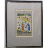 An Indo-Persian pen and ink illustration, coloured gouache heightened with white. Two figures in a