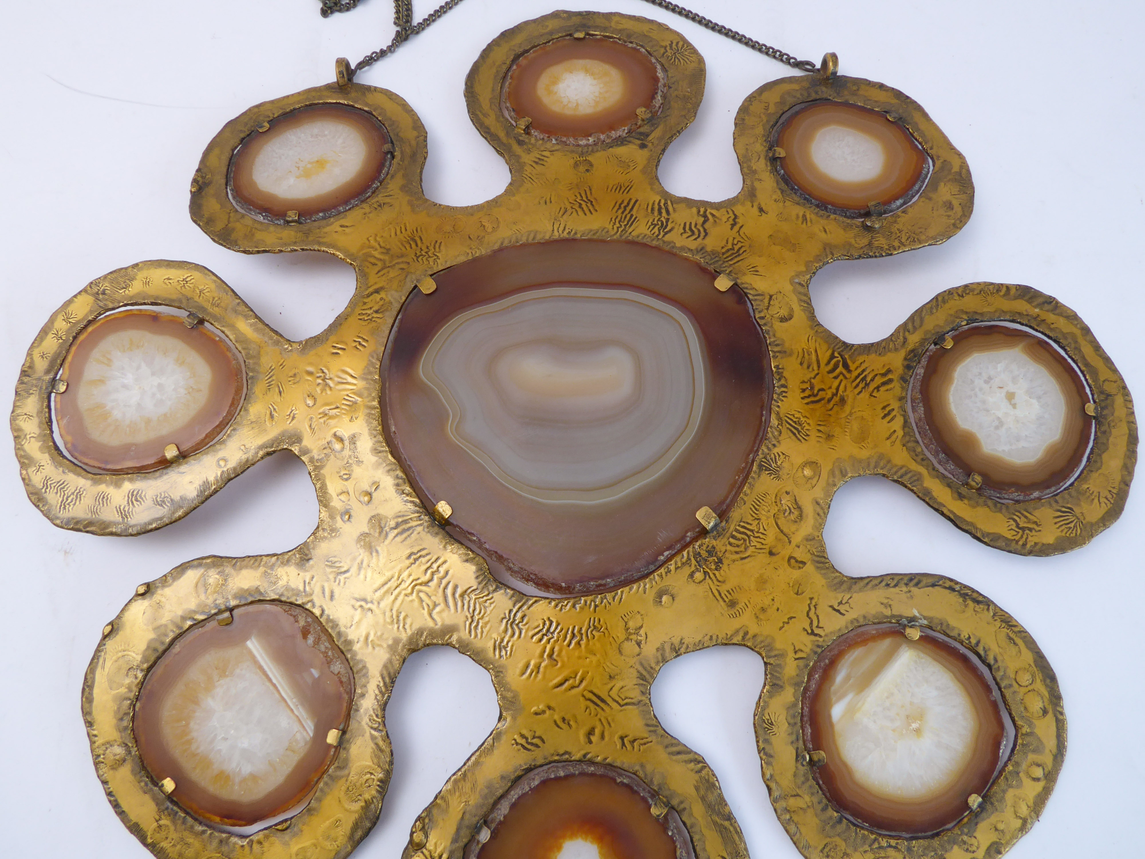 A 1970s gilt-metal hanging mobile, set with a large central agate panel surrounded by eight - Image 3 of 3
