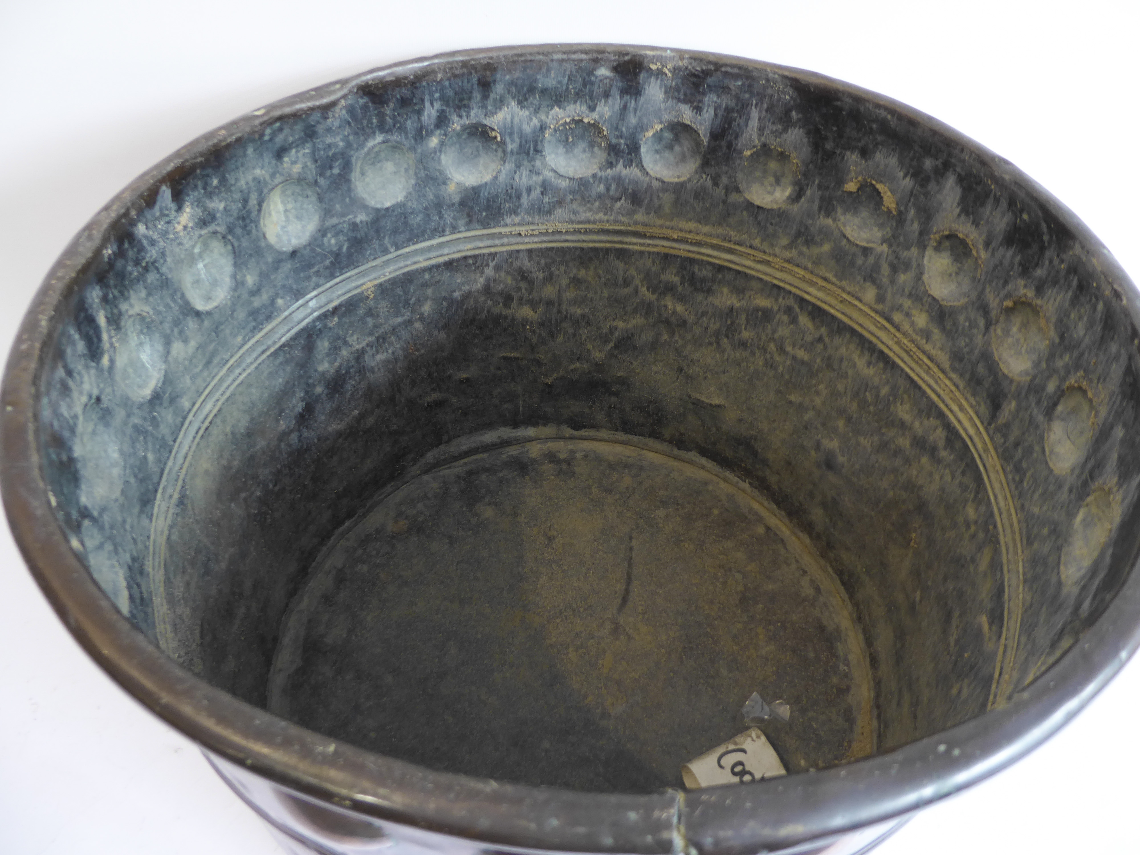 A large 19th century copper jam-pan with riveted loop-handles (15  x 48 cm) and an Arts and Crafts - Image 3 of 4