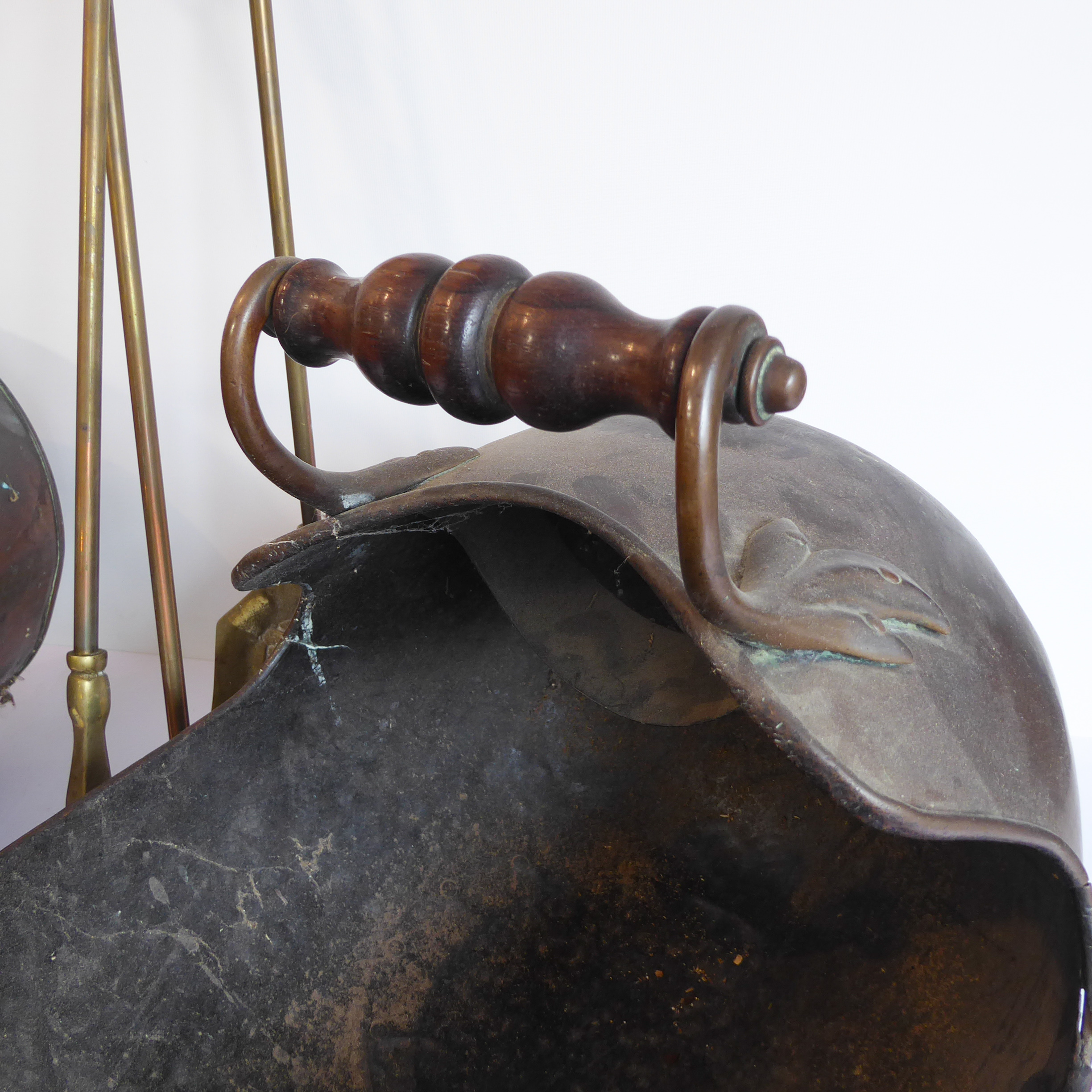 Assorted brass and copper items to include: a 19th century copper helmet-shaped coal scuttle with - Image 2 of 6