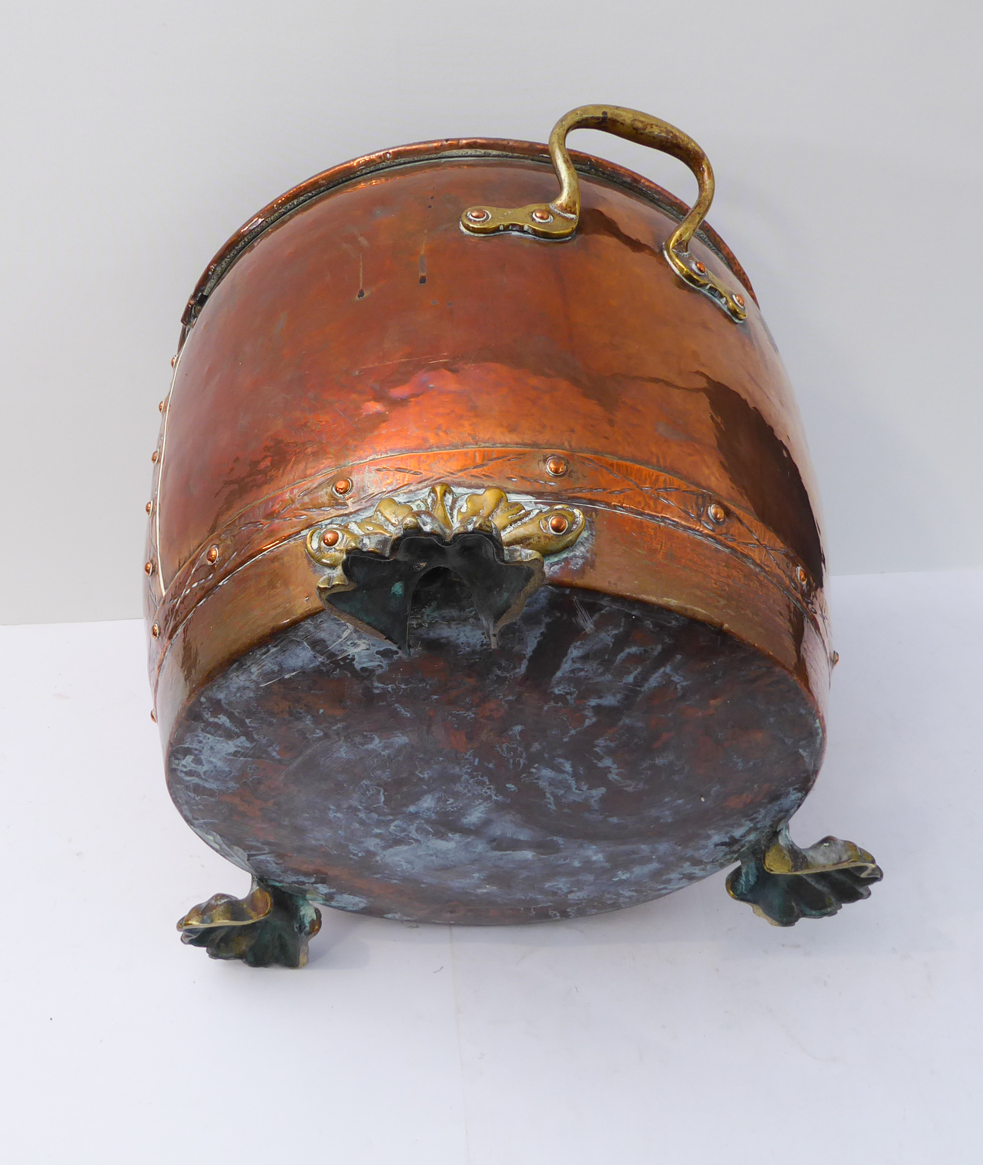 A 19th century circular copper log-bin with brass loop-handles and riveted copper borders, raised on - Image 5 of 5