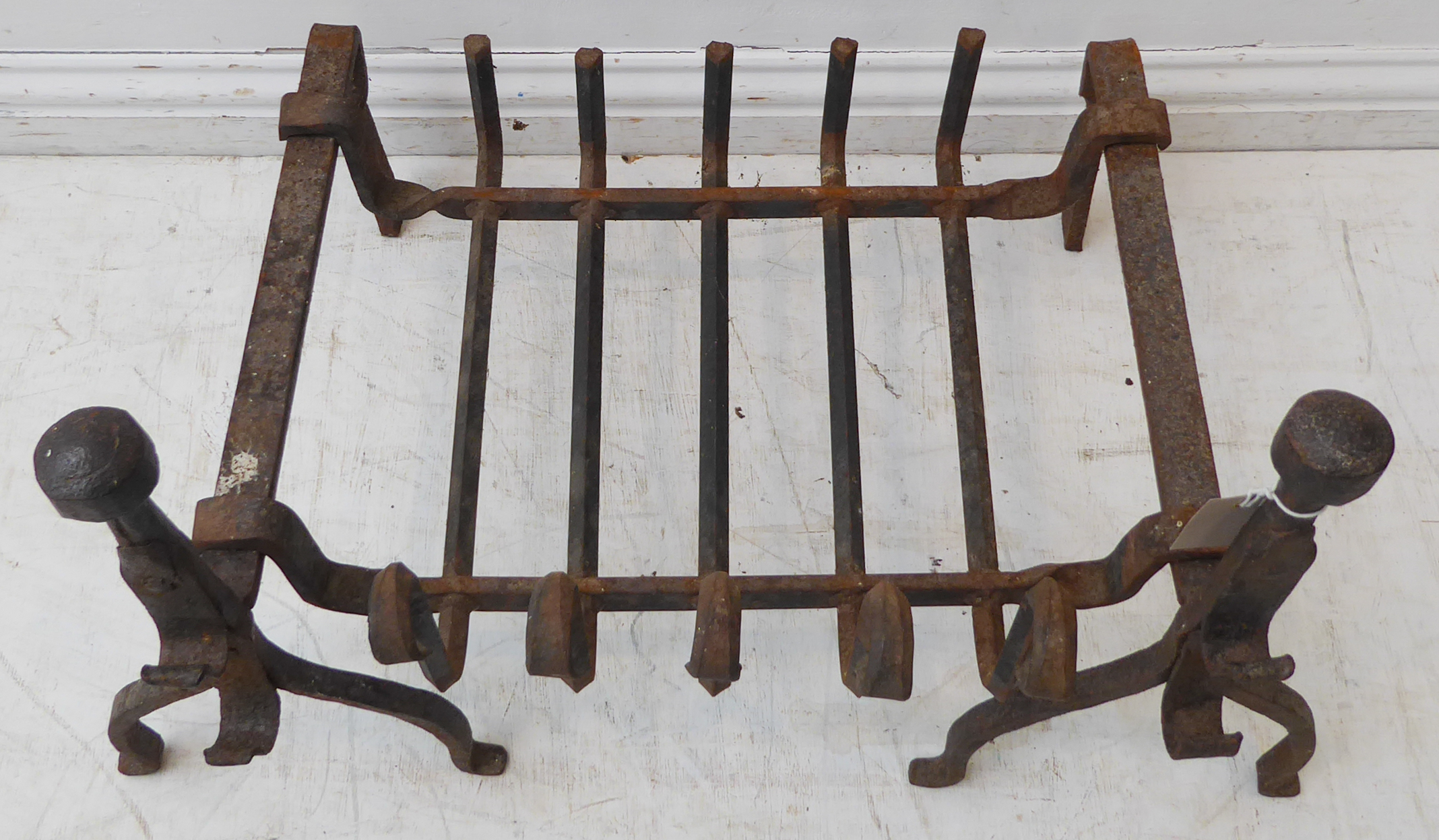 A 20th century blacksmith-made iron dog-grate and a pair of iron firedogs with iron rests and - Image 3 of 3