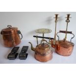 Eight pieces of 19th century and later brass and copper wares to include: two copper kettles; a pair