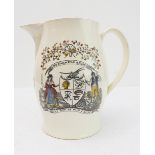 A late 18th/early 19th century ceramic jug: transfer decorated and hand-tinted with farming scenes