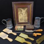 A selection of 19th and 20th century estate items to include two antique tankards, wooden butter