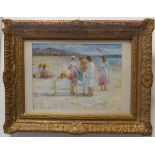 An oil on board seaside scene in impressionist style (gilt frame 48 x 63 cm)