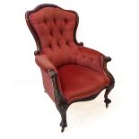 A good 19th century pink buttonback-upholstered mahogany show-wood spoonback-style armchair: the top