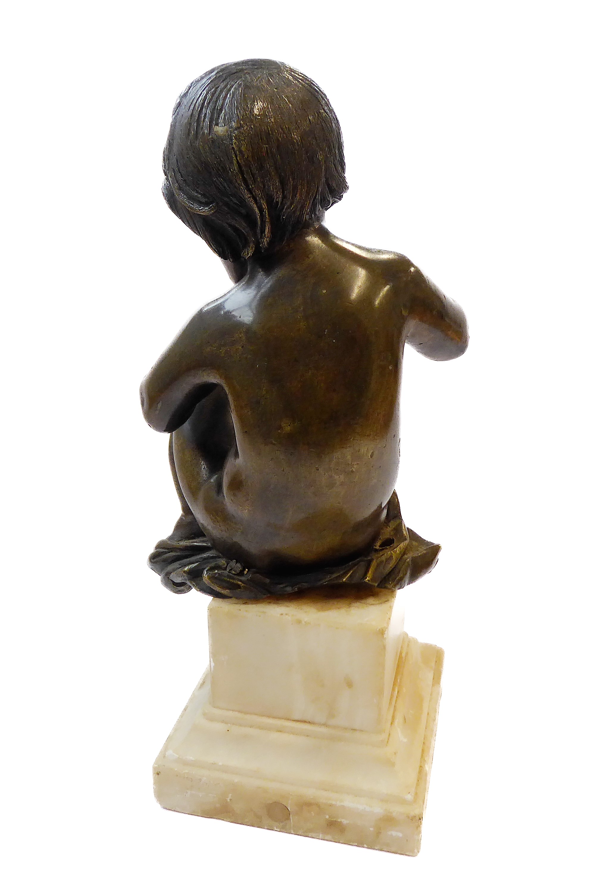 An antique classical bronze sculpture of a seated boy child on a square stepped alabaster base, - Image 3 of 3